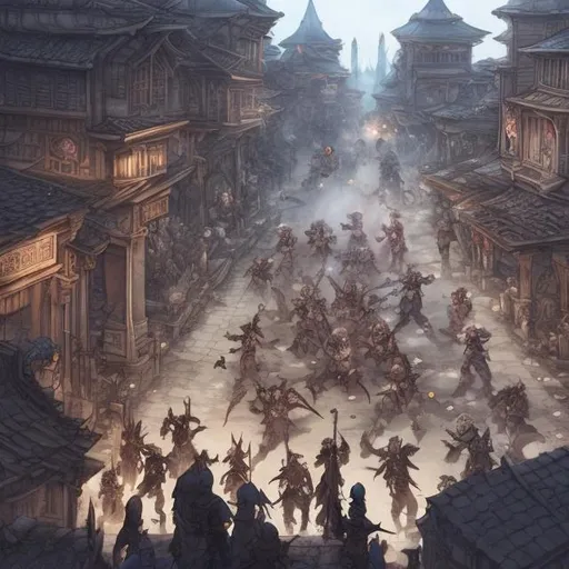 Prompt: Medeval kingdom death monster anime rioting fighting in street dark
