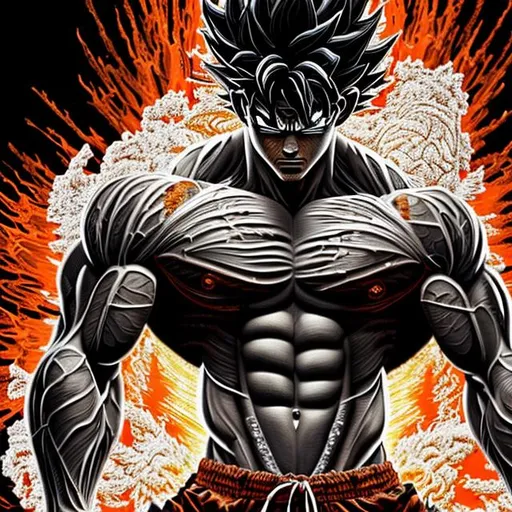 Prompt: 64K masterpiece intricate hyperdetailed breathtaking 3D glowing black oil painting medium portrait of son goku, orange trousers, intricate hyperdetailed muscular body, intricate hyperdetailed muscles, glowing white light reflection on the muscles, hyperdetailed intricate hard standing glowing hair, hyperdetailed glowing angry white eyes, detailed face, white glowing muscles, tan glowing body, tan glowing skin, semi-polaroid monochrome photography, hyperdetailed complex, character concept, hyperdetailed intricate glowing shining glamorous colored water drop floating in the air, very angry, intricate glowing light reflection, intricate hyperdetailed glowing iridescent reflection, strong glowing white light on the hair, contrast white head light, hyperdetailed very strong colored shadowing very strong colored muscle shadow, professional award-winning photography, maximalist photo illustration 64k, resolution High Res intricately detailed, impressionist painting, yellow color splash, illustration, key visual, panoramic, cinematic, masterfully crafted, 8k resolution, stunning, ultra detailed, expressive, hypermaximalist, UHD, HDR, UHD render, 3D render, 64K, hyperdetailed intricate watercolor mix oil painting on the body, Toriyama Akira colored cyberpunk 2077 city skline backround