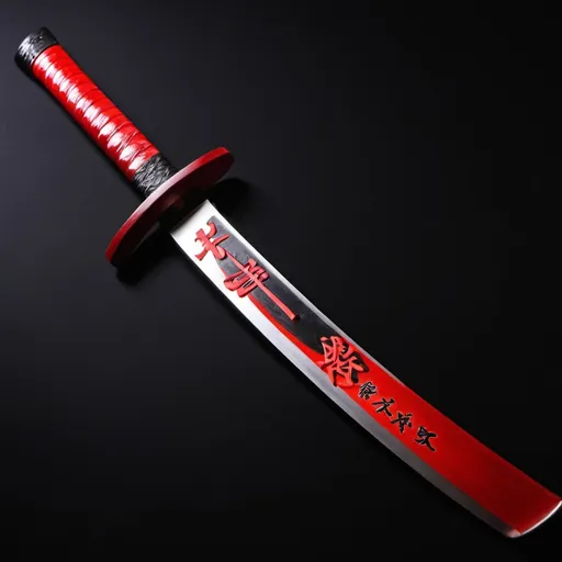 Prompt: Katana mixed between black ore and ruby, Black background with red sharp chainese words,