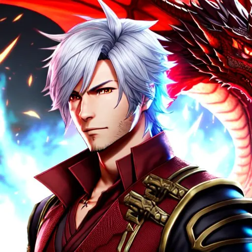 Prompt: FF14 Dragon Summoner Potrait, male, Human, Red Dragon in Background

