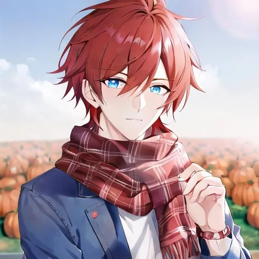 Prompt: Zerif 1male (Red side-swept hair covering his right eye, blue eyes), highly detailed face, wearing a cozy flannel shirt and a pair of stylish jeans. In the park, fall.  wearing a scarf, looking up at the sky, in a pumpkin patch,  young adult. Handsome,  detailed, UHD, HD, 4K, highly detailed, red haze, masculine, anime style