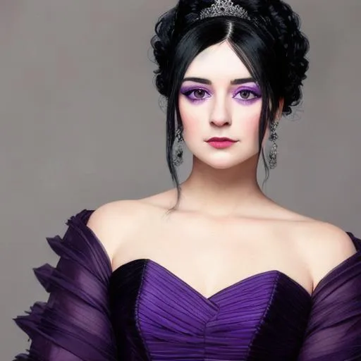 Prompt: A beautiful Victoria woman with black hair and violet eyes, wearing a purple gown