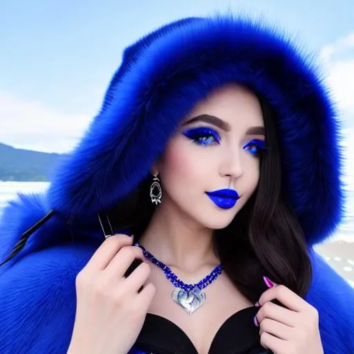 Prompt: Tudor Dixon, soldier, blue lipstick, snowy beach, blue heart necklaces, Thick blue fur coat, Black Cape, pleasant face, blue eyes, Black-purple eyeshadow, long ice earrings. Cold color scheme, ultradetailed, 8k resolution, perfect, smooth, high quality, shiny. 