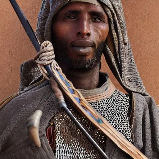 Prompt: somali! adal! 1500s infantryman in somali chainmail with a traditional spear and Gãschãn. Sheathed belawa at his side. in neoclassic painting  head and torso only, cinematic lighting, studio quality, godly, cell shaded, 4 k, active, scenic, close-up