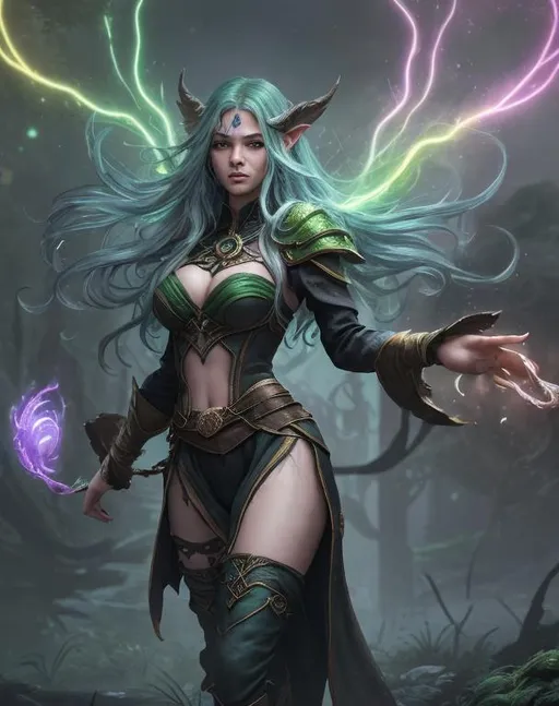 Prompt: Splash art, swirling magical lights, dense fog, create an intricately detailed, full body, ultra realistic, 3D Rendered image. Focused on an enticing, alluring, highly detailed, slender young adult, ((random hair color)), (((random ethnicity)), super exotic, human sorceress. {{surrounded by angry green orcs.}} {Casting a magic lightning bolt in an epic depiction of battling the green orcs in a fantasy tower}, using a legendary fantasy weapon. In a dystopian city destroyed by war background. 8k resolution,  photo realistic, highly exotic, ultimate fantasy, digital concept art, perfect cinematic lighting, perfect shading.