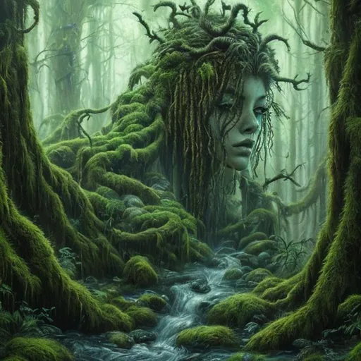 Prompt: Hyper realistic, art, mossy forest, woman, samurai, beautiful, creak flowing into distans