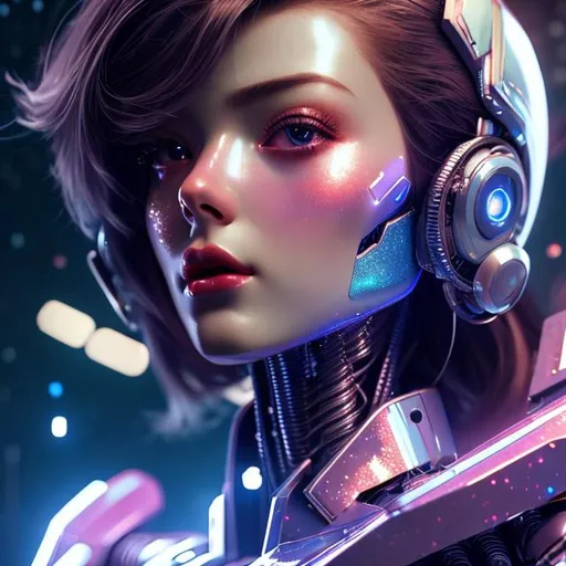 Prompt: a beautiful robot woman, feminine look, slim fit figure, retro like, octane rendered 4k, hyperrealism, highly detailed, futuristic look, cinema 4k, lots of details, blue and glitter background with stars, epic look, hajime sorayama look