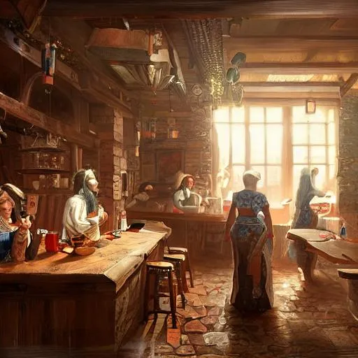 Prompt: a painting of inside a tavern, a detailed matte painting, fantasy art, Artstation, artstation hq, matte painting, artstation hd