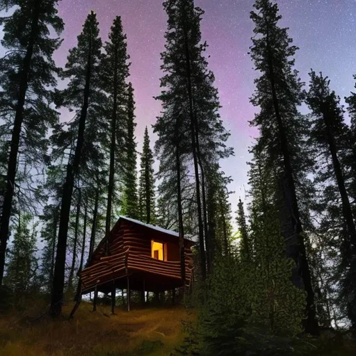 Prompt: A cabin surrounded by evergreen trees. It is at night and the northern lights are active