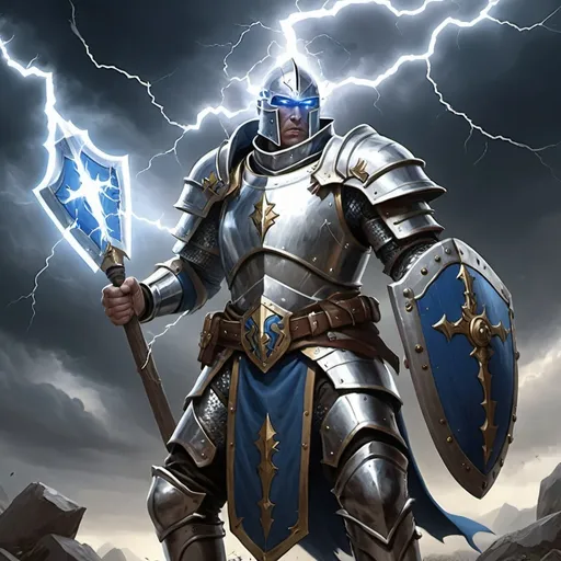 Prompt: A storm cleric wearing silver splint armor, no helmet, carrying a silver shield and a blue warhammer, 
with lightning overhead