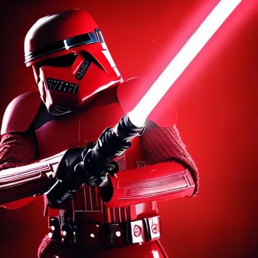 Prompt: Red Stormtrooper wielding a red lightsaber