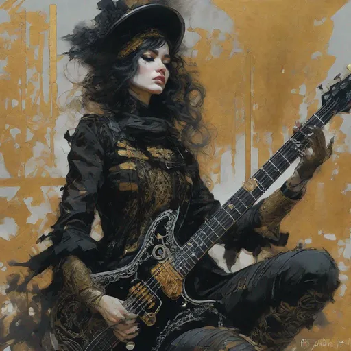 Prompt: sadistic and cute girl guitarist portrait,  by Jean giraud Conrad Roset john blanche kent morkman William burroughs Intricate calligraphy smoke ink, portrait of ornate gothloli in ragged punk fashion, dripping black gold paint, futuristic tattered rags, stylized fantasy art by wlop, artgerm, peter mohrbacher, bloodborne concept art, kentaro miura, kevin oneill, frazetta, trending on artstation, Masaaki asamoto beksinski frank miller lee bermejo Marc Simonetti egon schiele Joaquín Sorolla Simon Stalenhagmat brown  Matti Suuronen Jeffrey Larson druillet Tom Thomson Ross Tran James Turrell Van Gogh frazetta Rembrandt Louis Wain