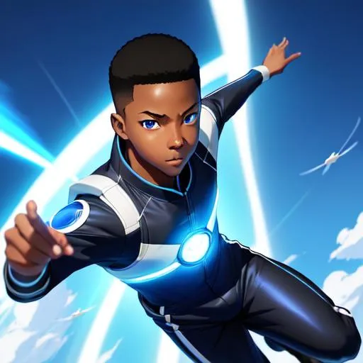 Prompt: young thirteen-year old black teenage boy, flying, blue and white jumpsuit, energy blasts, smooth soft skin, short hair, glowing blue eyes, symmetrical, soft lighting, detailed face, concept art, digital painting, by rossdraws, makoto shinkai, Alex Flores, Dao Trong Le, Mingchen Shen, Newmilky, stanley artgerm lau, wlop, 