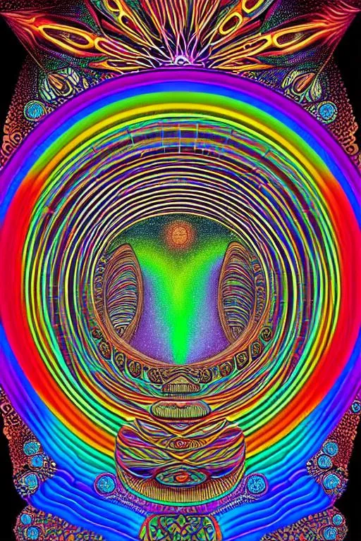 Prompt: A rainbow hyperspace portal full of psychedelic mushrooms,.sacred geometry and visionary art with lots of clarity and detail style like pablo amaringo and Alex grey