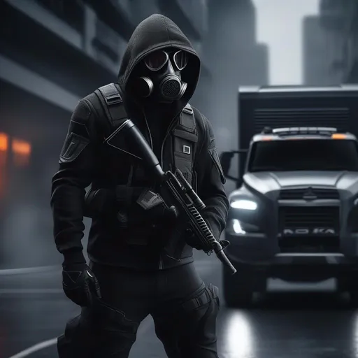 Prompt: Male agent with a gas mask, black and grey cyberpunk outfit with a hood, background black truck in road, Hyperrealistic, sharp focus, Professional, UHD, HDR, 8K, Render, electronic, dramatic, vivid, pressure, stress, nervous vibe, loud, tension, traumatic, dark, cataclysmic, violent, fighting, Epic