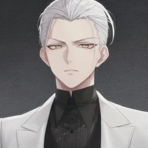 Prompt: young guy with white hair and golden eyes,with hair slicked back 