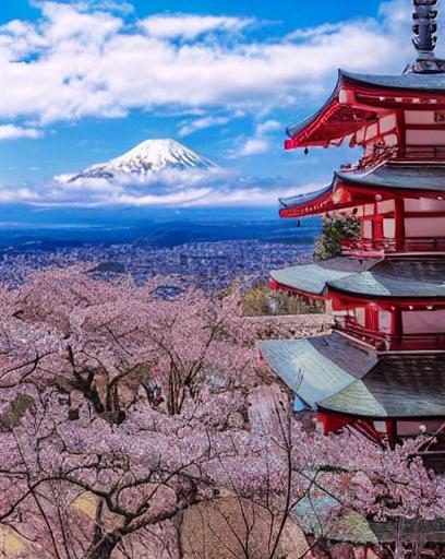 a Shinto temple surrounded by a Sakura garden, mount... | OpenArt