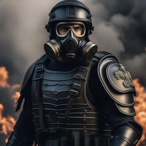 Prompt: A modern roman military male in black military roman armor, and gas mask, background war battle, Hyperrealistic, sharp focus, Professional, UHD, HDR, 8K, Render, electronic, dramatic, vivid, pressure, stress, nervous vibe, loud, tension, traumatic, dark, cataclysmic, violent, fighting, Epic