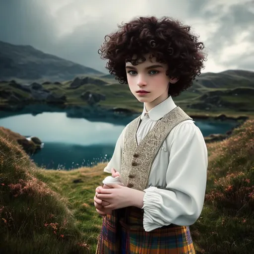 Prompt: Black hair young men with blue eyes, pale skin,hugging a little girl, red curly hair,clothes from 18th century, scotland landscape ,analog filter, perfect composition, hyperrealistic, super detailed, 8k, high quality, trending art, trending on artstation, sharp focus, intricate details, highly detailed