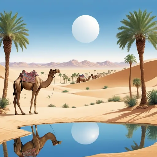 Prompt: Design an artwork depicting an oasis oasis nestled in the heart of the desert, with palm trees providing shade, a sparkling pool of water reflecting the clear blue sky, and camels resting after a long journey across the dunes.
