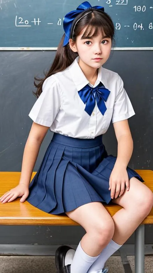 Prompt: The girl is dressed in a school uniform, which consists of a dark blue skirt and a white blouse. She has a white bow on her head and black shoes on her feet. She is sitting at a desk that looks quite old and battered, but still retains its original appearance. On the table in front of her is a math textbook, a pen and a notebook. Her eyes are focused on the book, but she also periodically glances at her classmates, who are also sitting at their desks. In general, the girl looks very neat and disciplined, despite the fact that she is at school in Soviet times.