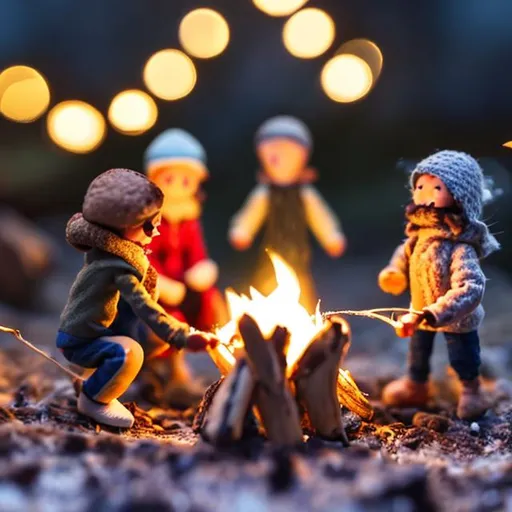Prompt: tiny people making s'mores at tiny wooden campfire at night string lights
