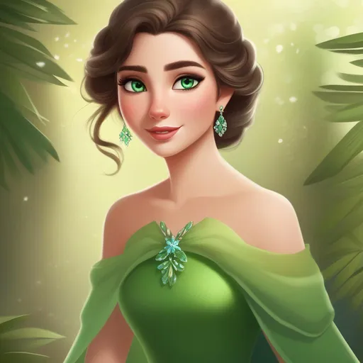 Prompt: elsa's brunette greeneyed cousin wearing a green dress