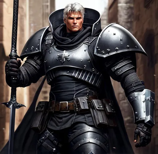 Prompt: Richard dean anderson from macgyver, cyberpunk, black heavy plate armored medieval crusadr, white cloth on chest with black cross, swinging magical black great sword by his side, 334k, insanely detailed, insanely realistic, insane details, hyper detail, high detail, action pose, athletic body, large muscles, high cheekbones, detailed face.ultra realistic, full body focus, intricate details, exceptional detail, fantasy, ethereal lighting, hyper sharp, sharp focus, photorealistic portrait, detailed face, highly detailed, realistic, hyper realistic, colorful, Ultra realistic, , Highly detailed photo realistic digital artwork.  