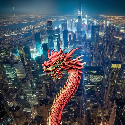 Prompt: Chinese dragon going around a city tower in New York destroying the city