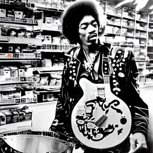 Prompt: jimi hendrix surrounded by school food "electric lunch lady land" psychedelic album 8k