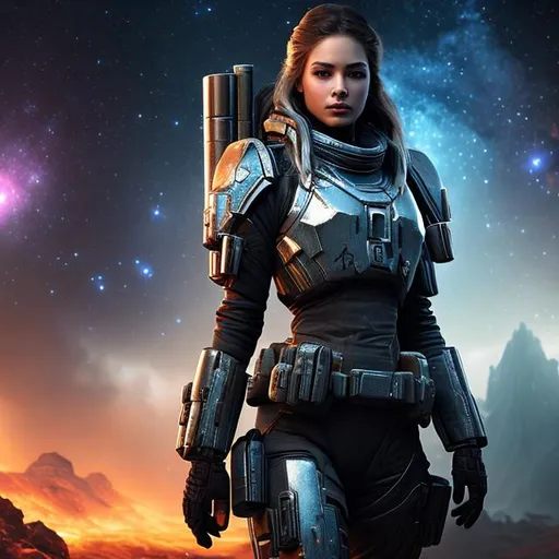 Prompt: create a photograph of beautiful but damaged fictional elite female space soldier in war, extremely, detailed environment, detailed background,planets an nebulae in sky highly detailed, intricate, detailed skin, natural colours , professionally colour graded, photorealism, 8k, moody lighting