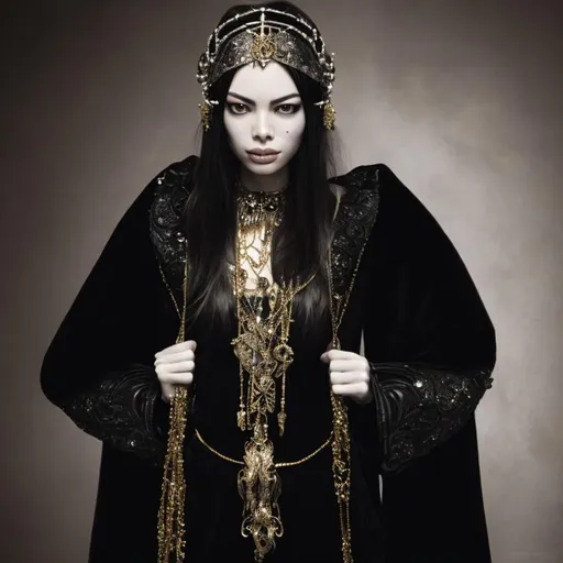 Prompt: monochrome, miranda cosgrave, detailed face, beautidul face, queen, gold crown, black robe, gold jewelry, skinny body, thin body, anorexic body, thin face, petitte figure