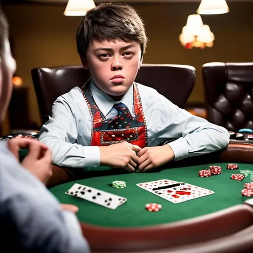 Prompt: Boy with down syndrome playing poker
