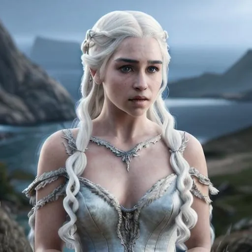 Prompt: female dressed as daenerys targaryen, gorgeous, attractive, flirting, (((full body visible))), looking at viewer, photography, detailed skin, realistic, photo-realistic, 8k, highly detailed, full length frame, High detail RAW color art, piercing, diffused soft lighting, shallow depth of field, sharp focus, hyperrealism, cinematic lighting, full body