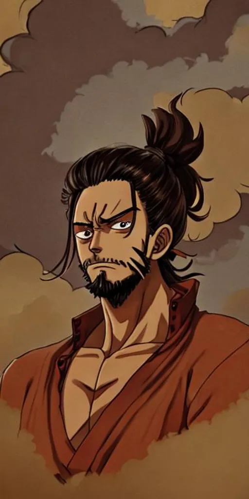 Prompt: One piece style, wano arc, fire clouds smokey background, 4k, short beard, detailed Man bun, dark brown hair, Long detailed Hair, sharingan eyes