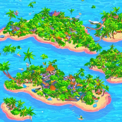 Prompt: In a bird’s eye view of a tropical island in a 2d art style, You are able to see the whole island.