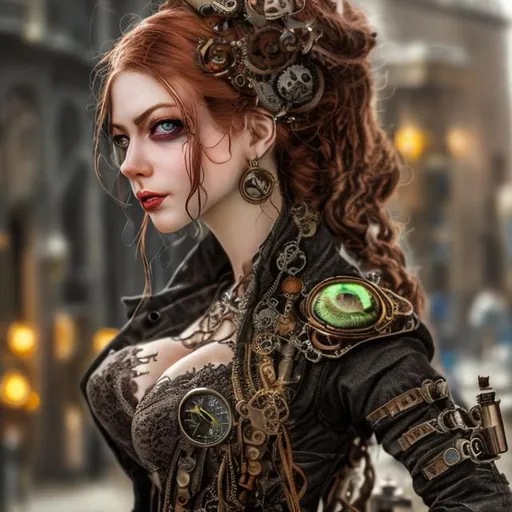 Prompt: A hyper realistic extremely detailed steampunk woman.
Woman has red hair and green eyes.
She is watched from the back but looks in camera