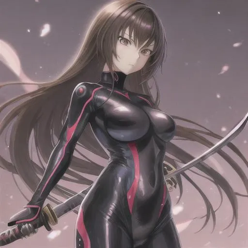 anime girl holding a katana in a tight suit brunette