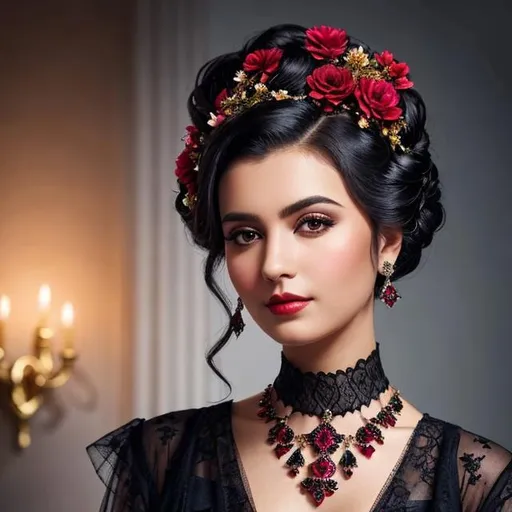 Prompt: Beautiful woman portrait wearing a black evening gown,  black hair, dark eyes, ruby jewelry,elaborate updo hairstyle adorned with flowers, facial closeup