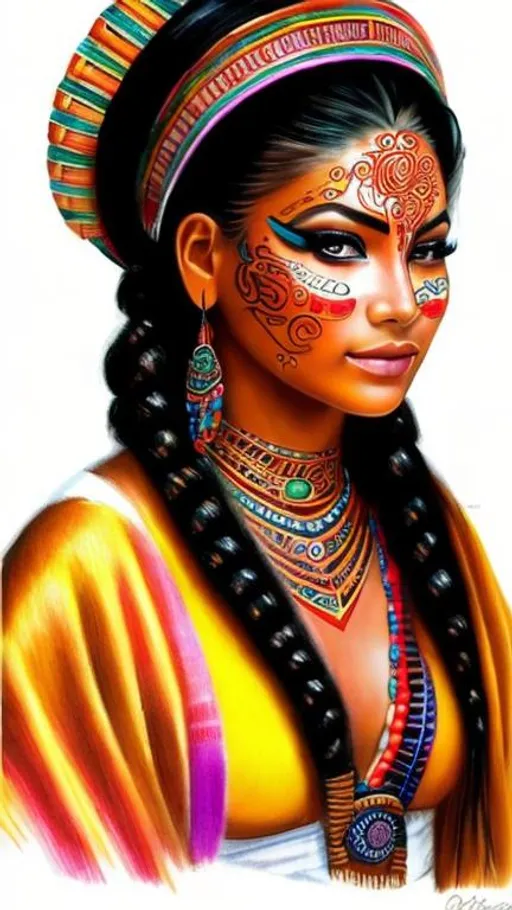 Prompt: Sketch of a mayan woman, beautiful eyeliner and face paint, roses and jade beads