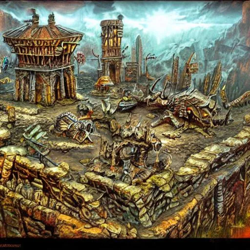 Prompt: zdzislaw belinski art, warhammer chaos terrain