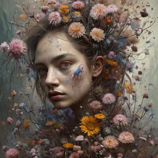 woman caught in a Chaotic Whirlwind Of Wildflowers A...