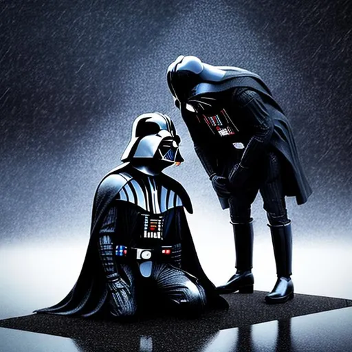 Prompt: Darth Vader kneeling realistically in the rain