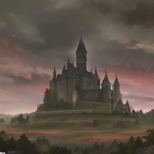 Prompt: An ancient castle with its black banners dancing in the wand its dark mossy stone walls high and strong with the surrounding forest old and thick with trees and bushes the old fort is standing strong despite its state of ruin, it has weathered many battles the trees are old and dead the weather is grey and cloudy