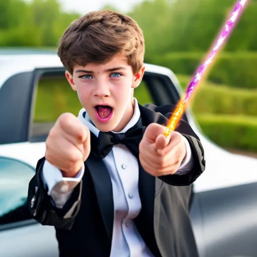 Prompt: Attractive 16 year old boy in a tuxedo driving a car angry and waving his magic wand at a bad driver. He is getting ready point his wand and cast a spell on the driver. Sparkling magic is starting to form on the tip of his magic wand.