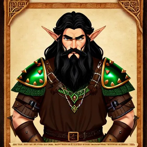 Prompt: A Elf wearing a brown and green viking/Ancient Persian style studded leather armor. black hair, black beard, green eyes. drawn as a medieval style wanted poster.