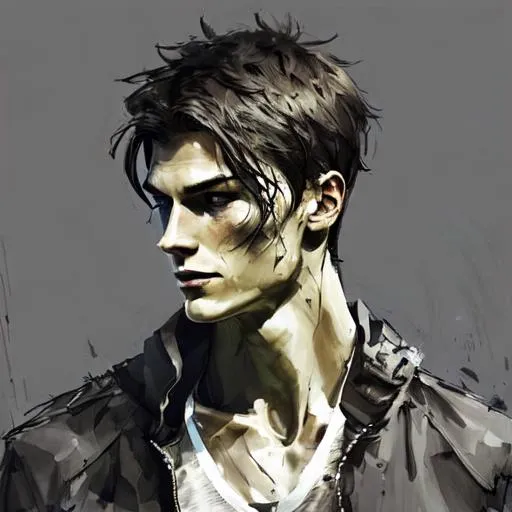 Prompt: A potrait of a man is a tall and athletic man, with broad shoulders and a lean body. He has dark hair, which is usually styled in a messy look, and grey eyes. He has a strong and sharp jawline, and a charismatic smile and wearing fashionable and stylish clothing. 

Semi realistic digital drawing.
