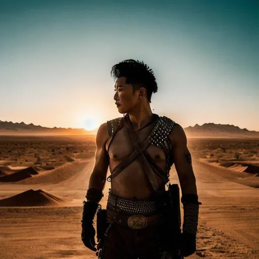 Prompt: View of a desert landscape, rising sun, mad max moviestyle, young handsome Asian male, katana 