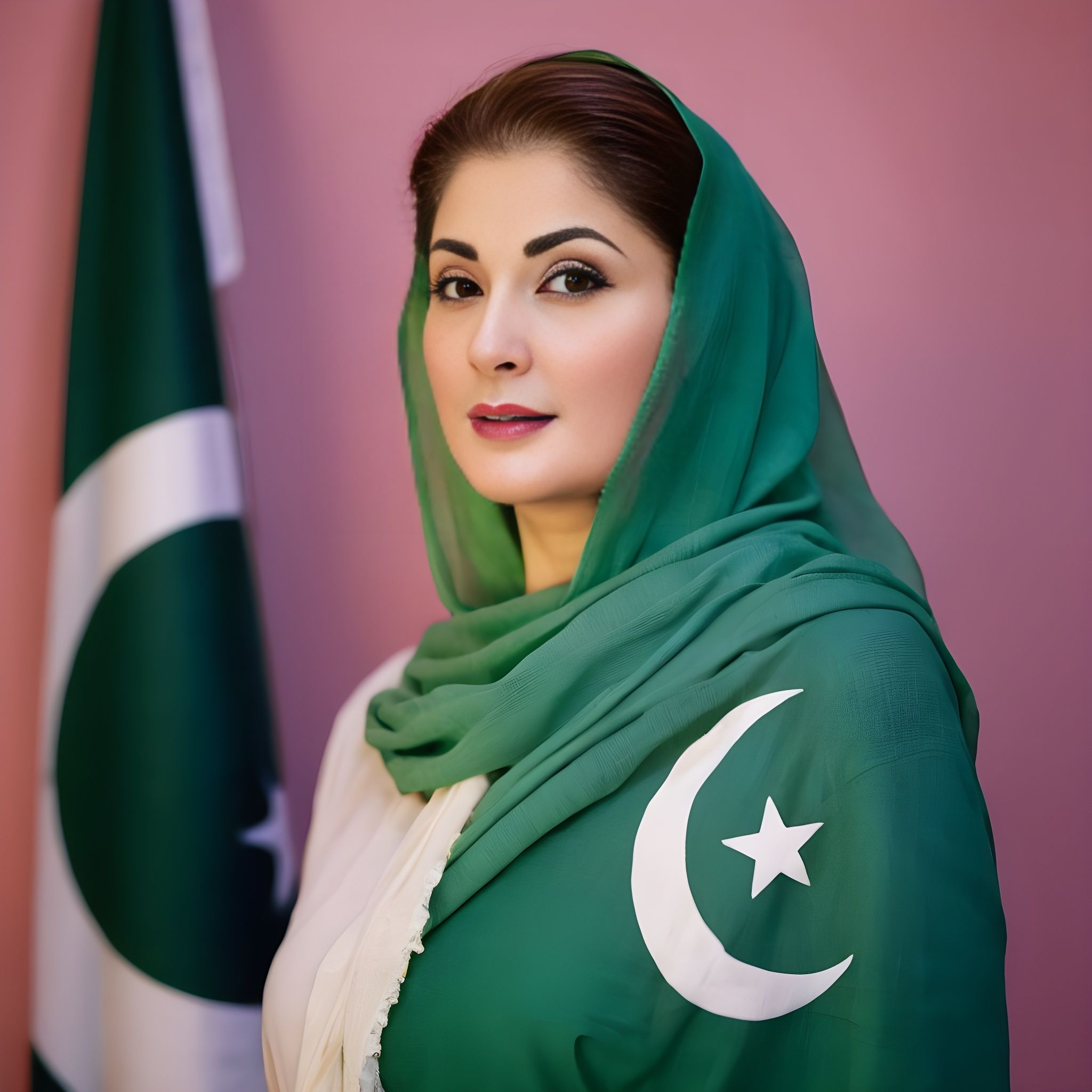 Prompt: Chief Minister Punjab Maryam Nawaz Portrait with Pakistan Flag AI Generated 