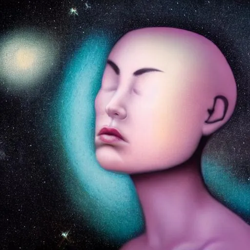 Prompt: woman with eyes closed, sky, planet, pastel, minimalist, neutral, meditation, ethereal, portrait, eyes closed transcending to a higher plane of existence, cosmic nebulaic spirit form, eternal blessing, multiverse, by mike willcox, vintage, peaceful, featured on artstation 